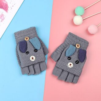 Baby Kids Winter Gebreide Warm Vingerloze Wanten Leuke Cartoon Puppy Convertible Flip Top Handschoenen Met Knop Voor Jongens En Meisjes Grijs