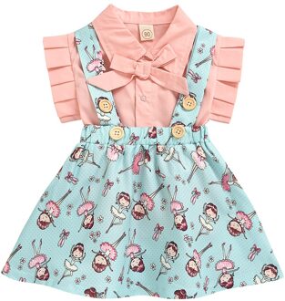 Baby & Kinderen Kleding Meisje Rok Twee Stukken Pak Verse Effen Kleur Korte Mouw Knop Top En Gedrukt jarretel Rokje 80cm