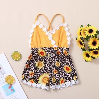 Baby Kleding Baby Meisjes Mouwloze Zonnebloem Print Kant Romper Bodysuit Jurk + Hoofdband Set Kruipen Pak Bodysuit Baby Romper 18-24 Months