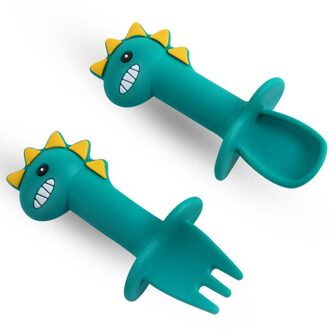 Baby Leren Lepel Vork Set Korte Handvat Lepel Zachte Siliconen Gebruiksvoorwerpen Bijtring Speelgoed Voeden Bestek Dinosaurus Lepel Servies Set