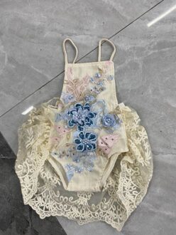 Baby Meisje Bloemen Jarretel Jumpsuits Zoete Kant Gehaakte Backless Lace-Up Driehoek Romper 0-24months Blauw / 18m