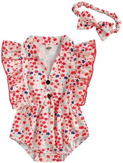 Baby Meisje Bodysuits Zomer Kleding Bloem Print Vliegende Mouwen Bodysuits En Hoofddeksels Voor Verjaardagsfeestje Fotografie 0-18Months A / 12m