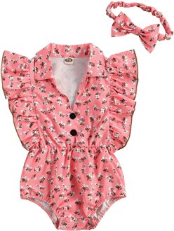 Baby Meisje Bodysuits Zomer Kleding Bloem Print Vliegende Mouwen Bodysuits En Hoofddeksels Voor Verjaardagsfeestje Fotografie 0-18Months B / 9m