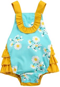 Baby Meisjes Casual Romper Blauw Bloemen Gedrukt Patroon Mouwloze Vierkante Kraag Een Stuk Romper Jumpsuit Overall Shorts Kleding 6m