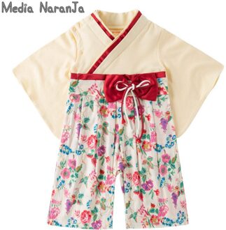 Baby Meisjes Lente Herfst Lange Mouwen Baby Jumpsuit Japanse Stijl Witte Bloemen Gedrukt Patroon Strik Gedrukt Kimono Romper 18m