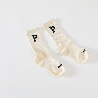 Baby Meisjes Sokken Knie Hoge Sokken Met Brief Afdrukken Jongens Sport Sok Katoen Lange Strepen Kinderen Sokken Ademend Kids School Ivoor / 7-9T