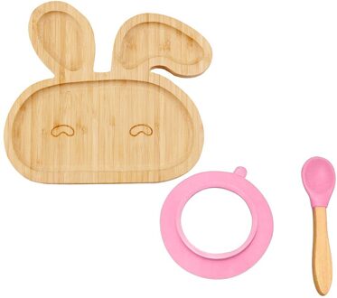 Baby Peuter Bamboe Schapen Plaat Siliconen Zuig Voederen Kom Zuig Lepel Set Creatieve Servies Keuken Accessoires #30 roze