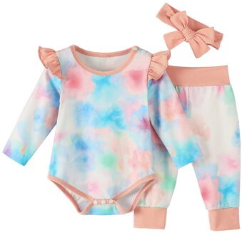 Baby Peuter Kleding Pak Baby Jongens Meisjes Tie-Dye Ruche Romper Broek Outfits Set + Hoofdbanden # C 6m