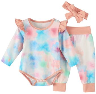 Baby Peuter Kleding Pak Baby Jongens Meisjes Tie-Dye Ruche Romper Broek Outfits Set + Hoofdbanden # C 9m