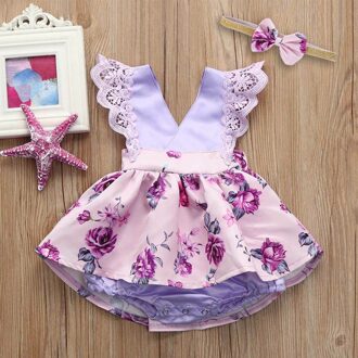 Baby Rompertjes; Peuter Baby Gilrs Mouwloos Lace Ruches Romper Jumpsuit Hoofdband Bloemen Ouifit Kleding Voor Meisje; 90