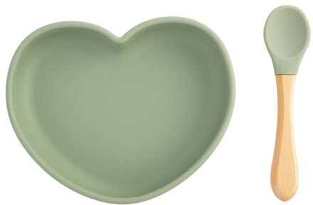 Baby Scution Diner Harten Plaat Voeden Lepel Vork Waterdicht Servies Bpa-vrij Baby Siliconen Diner Plaat Voedsel Voeden Gerechten sage