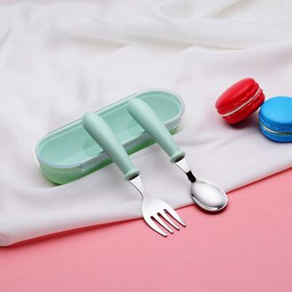 Baby Servies Set Kinderen Rvs Voeden Lepel Vork Effen Voeden Gebruiksvoorwerpen Kids Gadgets Metalen Bestek groen