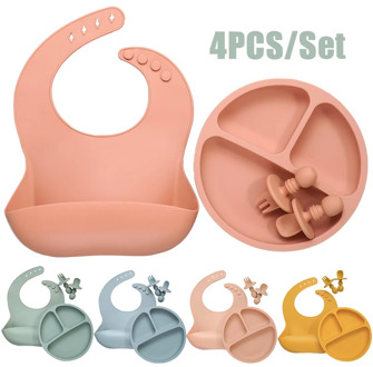 Baby Silicone Tableware Set Infant Solid Color Waterproof Bib Newborn Feeding Burp Cloth Toddler Dinner Plate And Mini Spoon