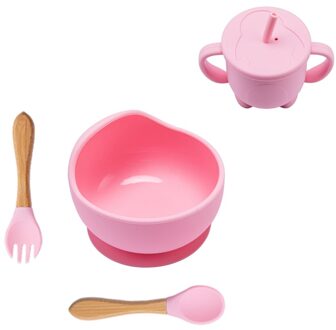 Baby Siliconen Kom Servies Sterke Sucker Kom Stro Cup Vork Lepel 4 Stuk Set Cartoon Vorm Kinderen Voeden Set