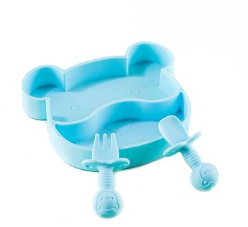 Baby Siliconen Plaat Set Kinderen Servies Schotel Draagbare Vork Lepel Kids Voerbak Set D0AF Blauw