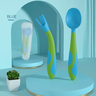 Baby Siliconen Voeden Lepel Vork Set Extra Voedsel Peuter Leren Eten Training Buigbare Zachte Vork Zuigeling Kinderen Servies blauw