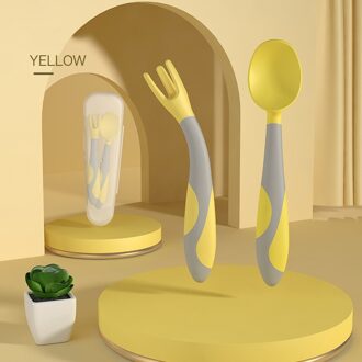 Baby Siliconen Voeden Lepel Vork Set Extra Voedsel Peuter Leren Eten Training Buigbare Zachte Vork Zuigeling Kinderen Servies geel