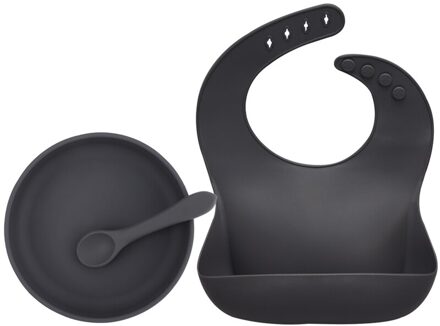 Baby Siliconen Voeden Servies Set Disc Met Zuignap Bib Speeksel Handdoek Lepel Kinderen Product Bpa Gratis Kom Baby Diner plaat 003 donker grijs