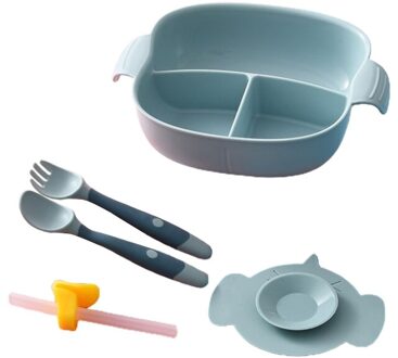 Baby Verdeeld Plaat Kom Zuignap Schotel Lepel Vork Slabbetjes Stro Servies Zuigeling Leren Voeden Training Servies blauw-1