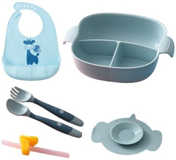 Baby Verdeeld Plaat Kom Zuignap Schotel Lepel Vork Slabbetjes Stro Servies Zuigeling Leren Voeden Training Servies blauw-2