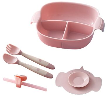 Baby Verdeeld Plaat Kom Zuignap Schotel Lepel Vork Slabbetjes Stro Servies Zuigeling Leren Voeden Training Servies roze-1