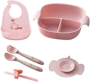 Baby Verdeeld Plaat Kom Zuignap Schotel Lepel Vork Slabbetjes Stro Servies Zuigeling Leren Voeden Training Servies roze-2