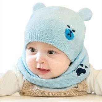 Baby Winter Caps Sjaal Suits Warm Gebreide Beanie Cap Leuke Cartoon Beer Beanie C66 Blauw