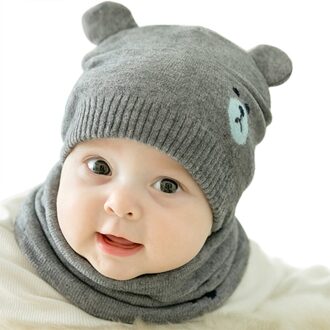 Baby Winter Caps Sjaal Suits Warm Gebreide Beanie Cap Leuke Cartoon Beer Beanie C66 Grijs