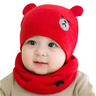 Baby Winter Caps Sjaal Suits Warm Gebreide Beanie Cap Leuke Cartoon Beer Beanie C66 Rood