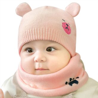Baby Winter Caps Sjaal Suits Warm Gebreide Beanie Cap Leuke Cartoon Beer Beanie C66 roze