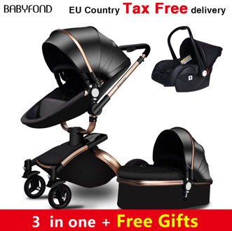 Babyfond 3 in 1 Luxury EU baby stroller leather two-way shock absorption carriage brand baby 2 in 1 pram gold brown free gifts
