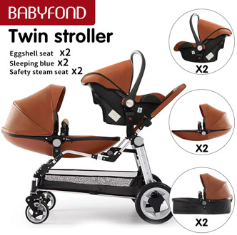 Babyfond Leather Egg Shell Twins Stroller 3 in 1 High Landscape Stroller Folding Double Baby Pram Free Shipping Two Bassinets