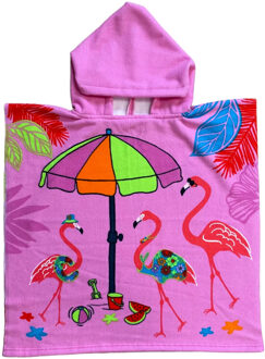 Bad cape/poncho - kinderen - flamingo print - 60 x 120 cm - microvezel - Badcapes Roze