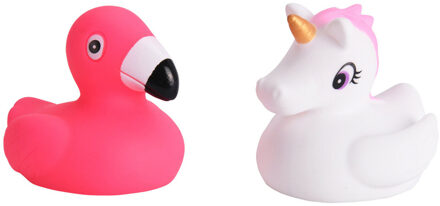 Badeendjes set - eenhoorn en flamingos - rubber - 10 stuks - wit en roze - 5 cm - bad speelgoed