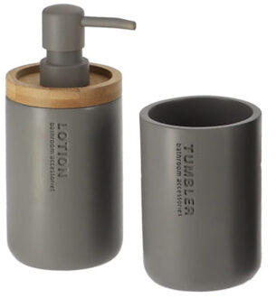 Badkamer accessoires set 2-delig - Polyresin/bamboe - grijs - robuust - matte coating