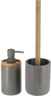 Badkamer accessoires set 2-delig - Polyresin/bamboe - grijs - robuust - matte coating