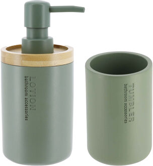 Badkamer accessoires set 2-delig - Polyresin/bamboe - groen - robuust - matte coating