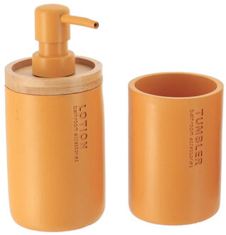 Badkamer accessoires set 2-delig - Polyresin/bamboe - oranje - robuust - matte coating