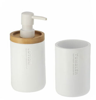 Badkamer accessoires set 2-delig - Polyresin/bamboe - wit - robuust - matte coating
