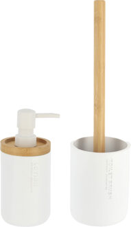 Badkamer accessoires set 2-delig - Polyresin/bamboe - wit - robuust - matte coating