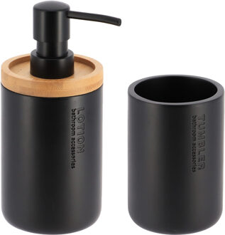 Badkamer accessoires set 2-delig - Polyresin/bamboe - zwart - robuust - matte coating