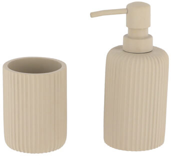 Badkamer accessoires set 2-delig - Polyresin - taupe - geribbeld