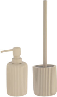 Badkamer accessoires set 2-delig - Polyresin - taupe - geribbeld