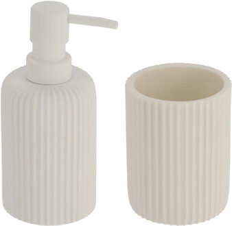 Badkamer accessoires set 2-delig - Polyresin - wit - geribbeld