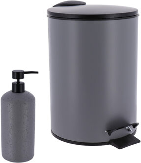 Badkamer accessoires set - 2-delig - Urban Stone - grijs - prullenbak/zeeppompje
