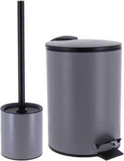Badkamer accessoires set - 2-delig - Urban Stone - grijs - toiletborstel/prullenbak