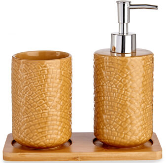 Badkamer accessoires set 3-delig camel bruin relief van keramiek - Badkameraccessoireset