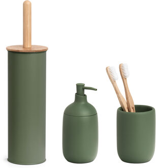 Badkamer accessoires set 3-delig - kunststeen - bamboe hout salie groen - Badkameraccessoireset