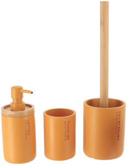 Badkamer accessoires set 3-delig - Polyresin/bamboe - oranje - robuust - matte coating
