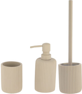 Badkamer accessoires set 3-delig - Polyresin - taupe - geribbeld